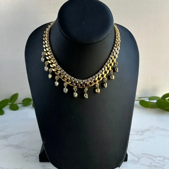 Gold Tone Choker Necklace W/ Clear Rhinestones & Dangles Adjustable 11-14" - Picture 4 of 4